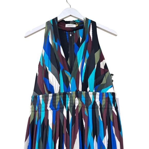 NWT Calvin Klein US 12 Sapphire Blue Geometric Sleeveless V-Neck Office Stretch - Picture 2 of 11